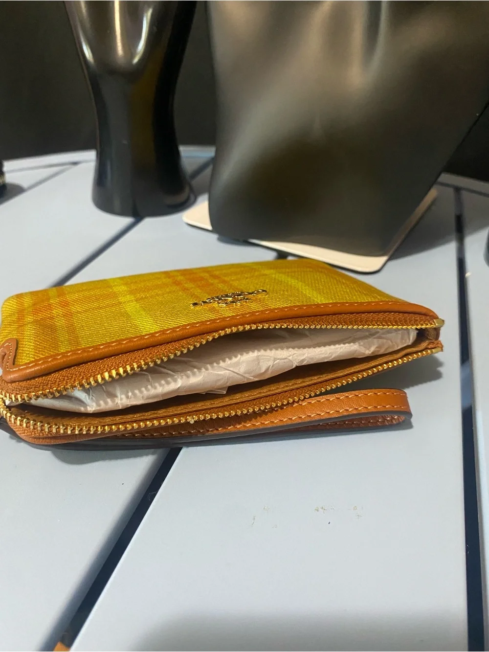 NWT Coach Yellow Plaid Wristlet Wallet